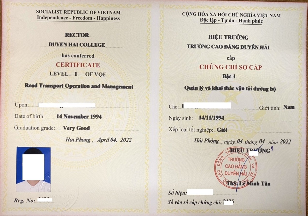 Mẫu chứng chỉ sơ cấp điều hành vận tải đường bộ